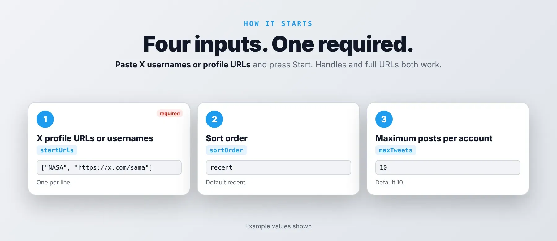 Twitter X Posts Scraper input fields