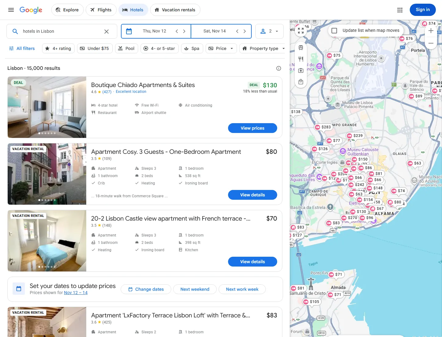 Google Hotels search results page that Google Hotels Scraper turns into rows