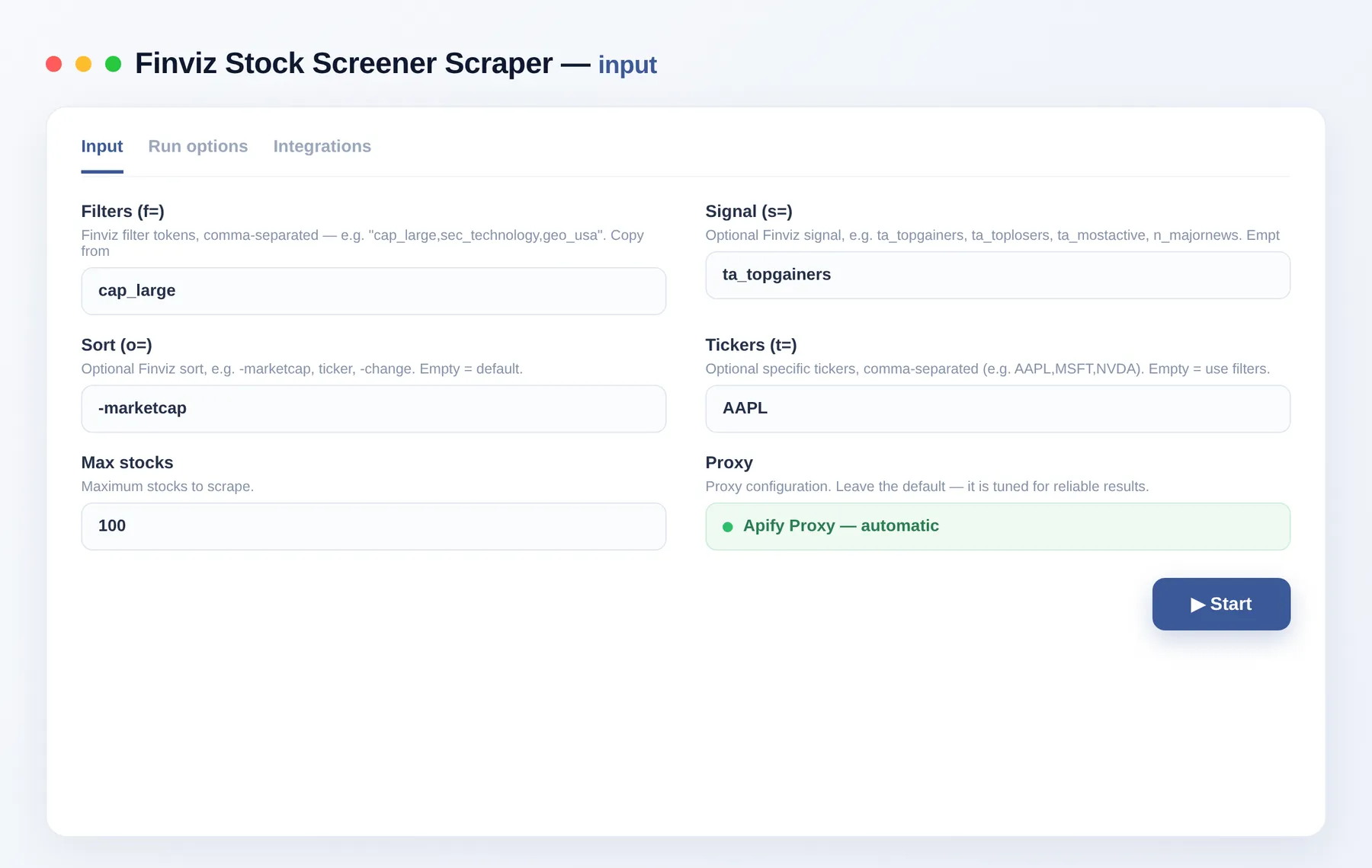 Finviz Stock Screener Scraper input — filters, signal and order in the Apify Console