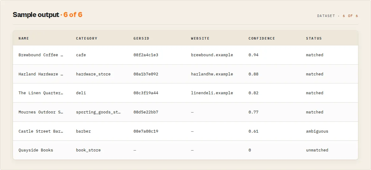 Sample output — matched, ambiguous and unmatched rows side by side
