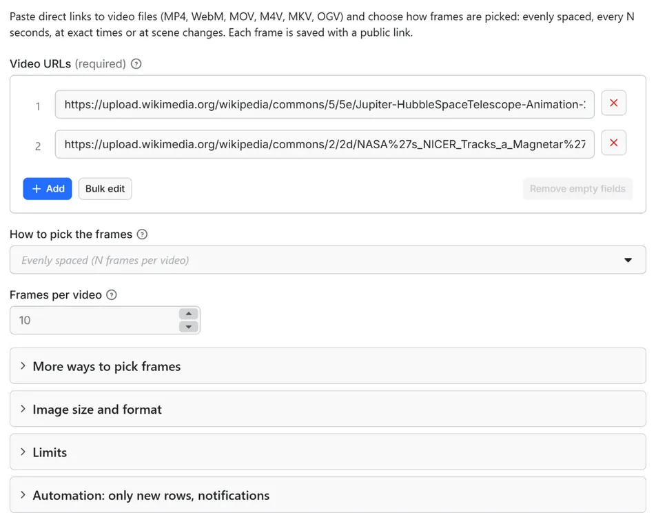 Input form of Video Frame Extractor: Thumbnails and Frames from Video URLs