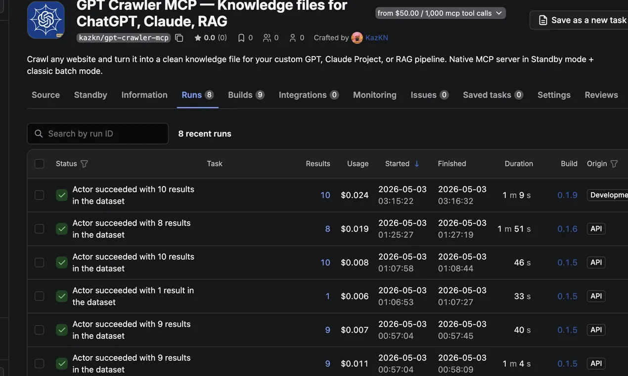 GPT Crawler MCP — Recent runs all succeeded