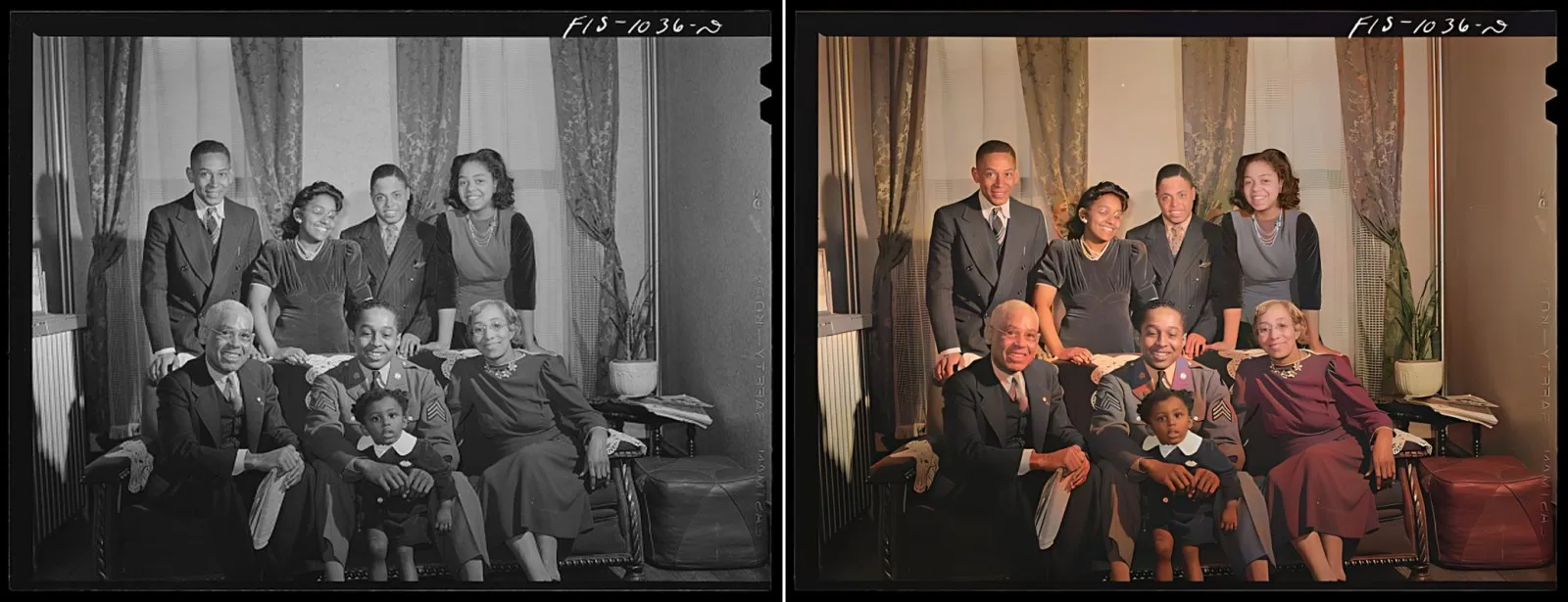 A 1940s family portrait with eight people, colorized with every face restored