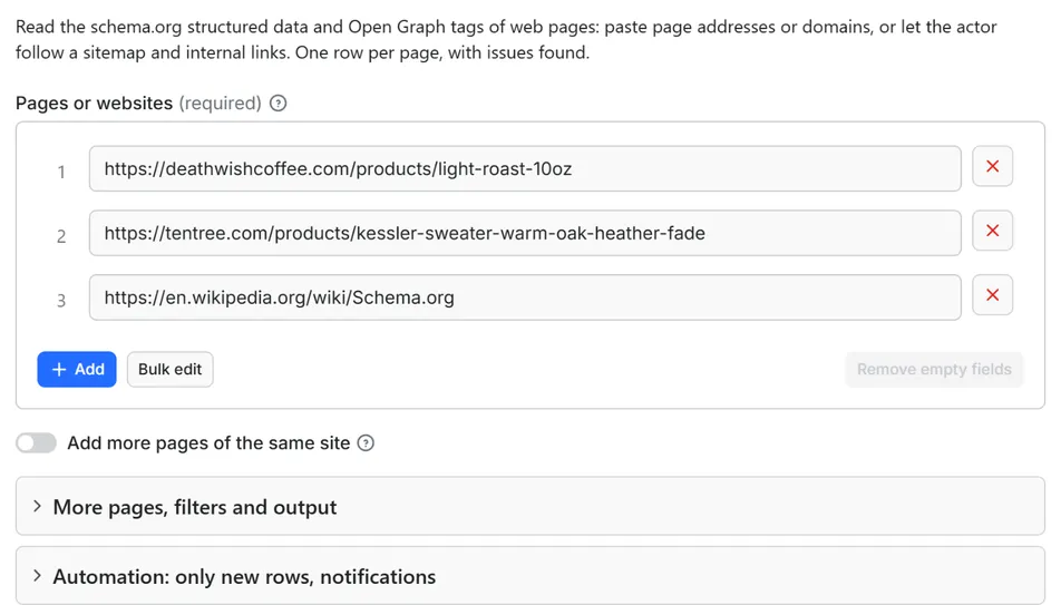 Input form of Structured Data Extractor: JSON-LD, Schema.org, Open Graph