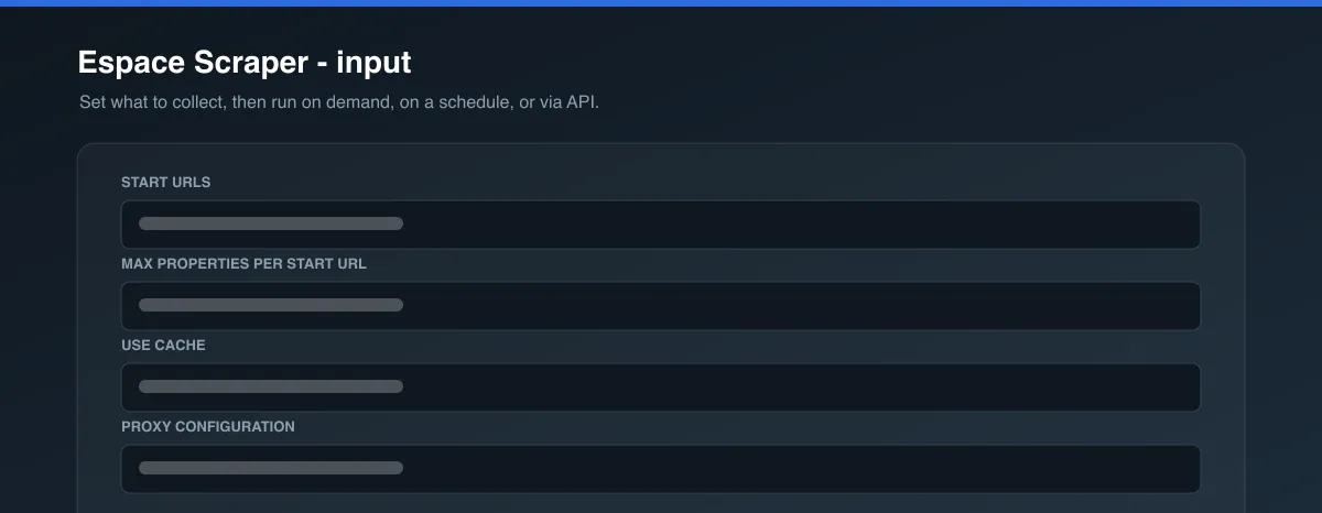 Espace Scraper input options