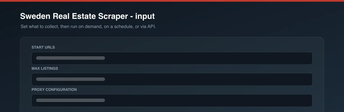 Sweden Real Estate Scraper input options