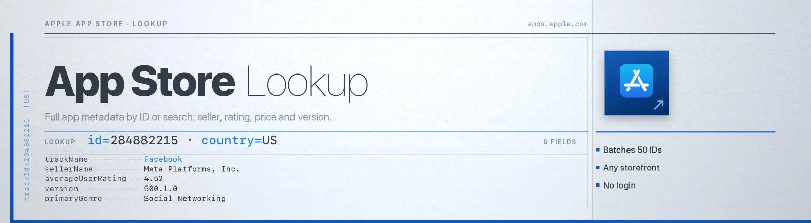 App Store Lookup: Full app metadata by ID or search: seller, rating, price and version