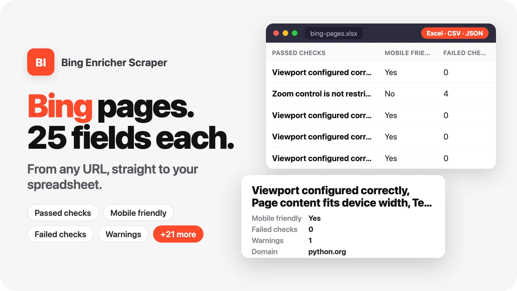 Bing pages, 25 fields each, from any URL.