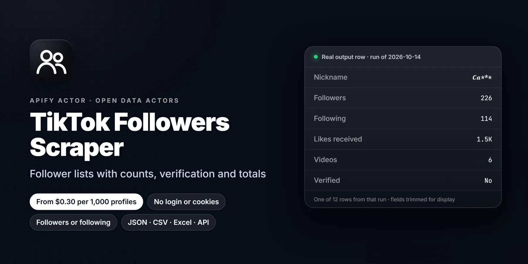 TikTok Followers Scraper: features, price and a real output row