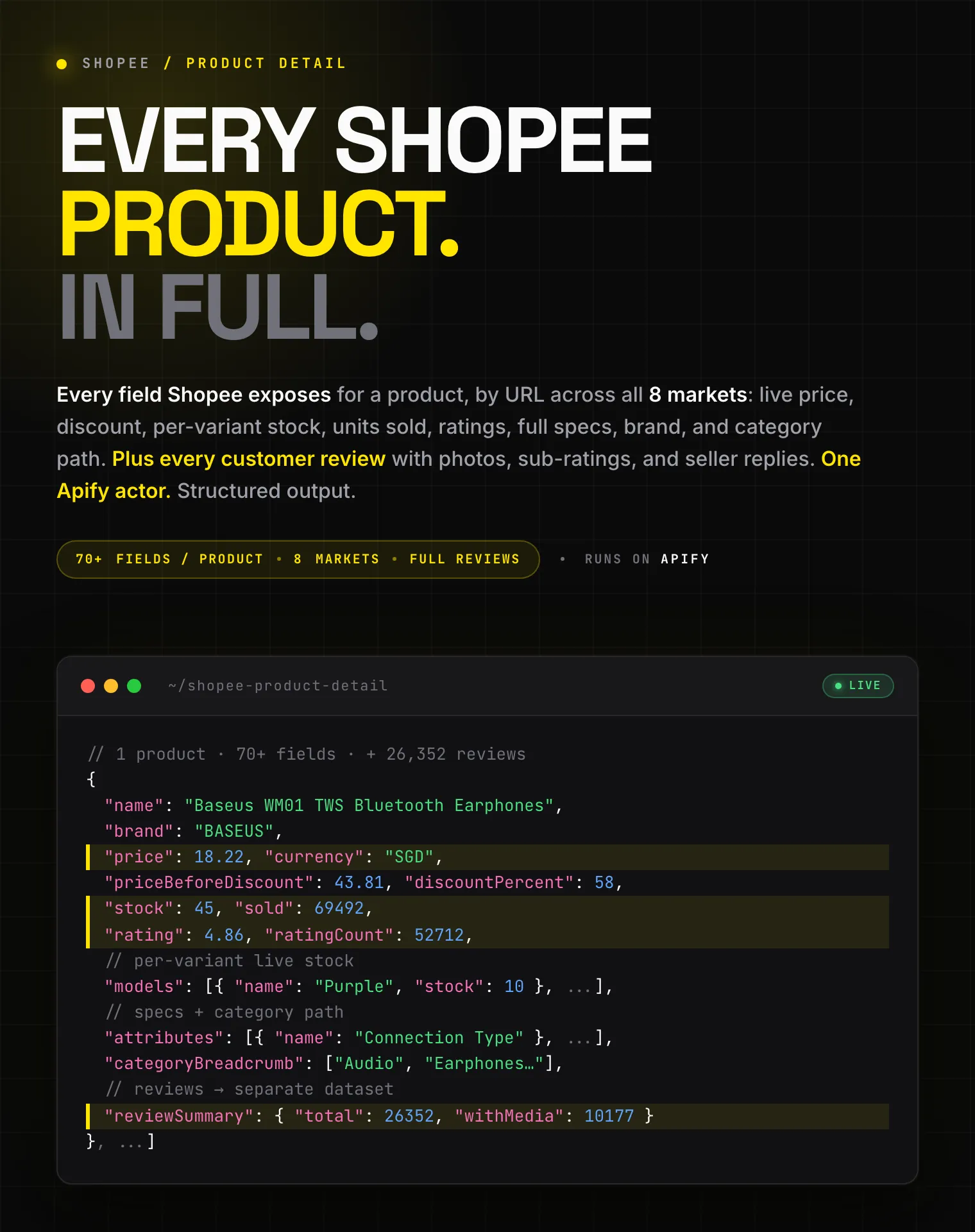 Shopee product detail and reviews as JSON: price, stock, variants, specifications, and customer reviews