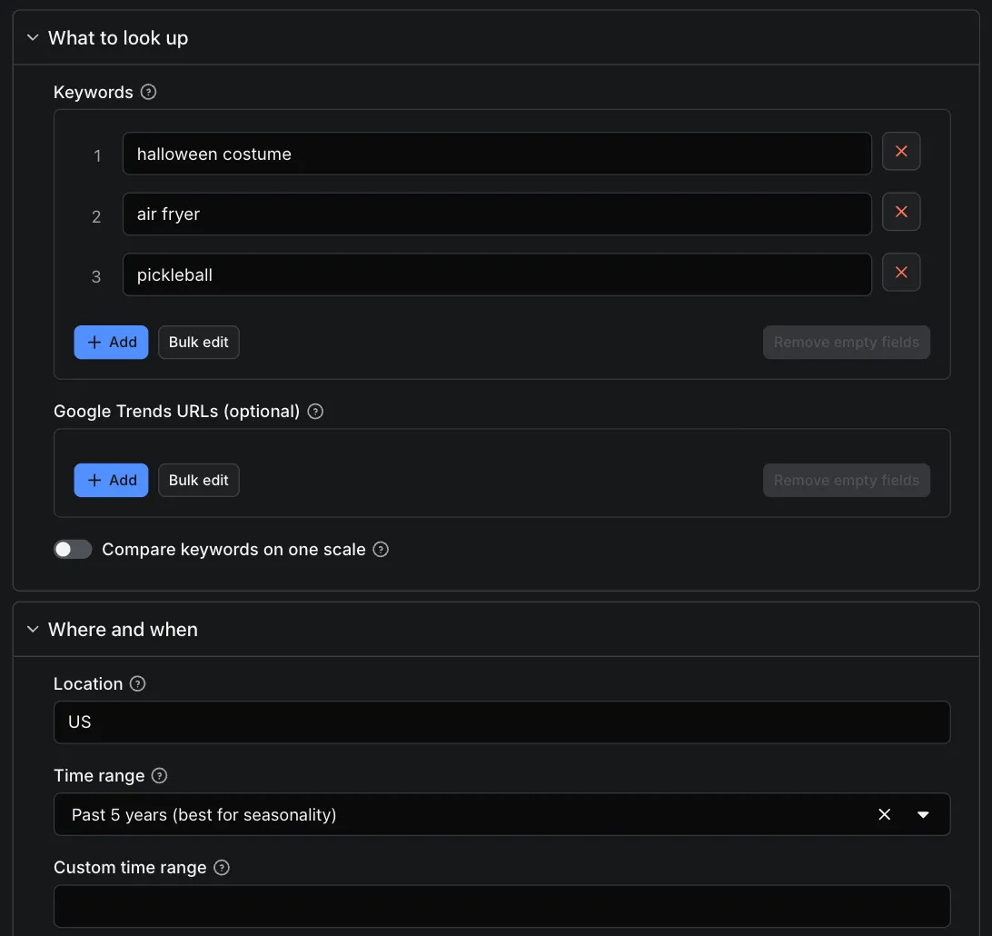 Google Trends Scraper input: keywords, location and time range
