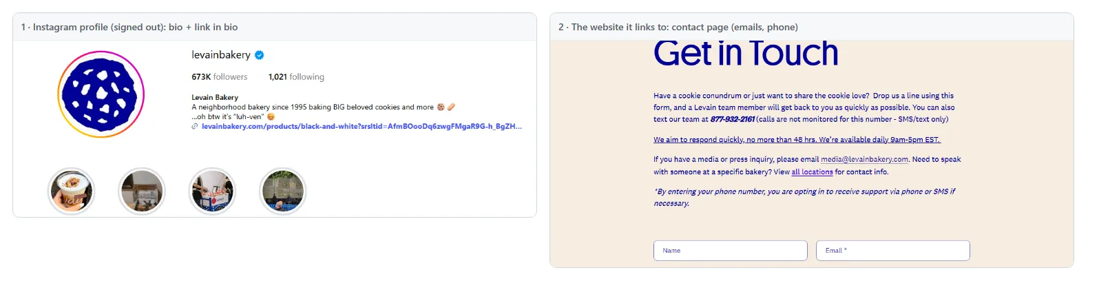 An Instagram profile and the website contact page that Instagram Email Scraper reads into one contact record