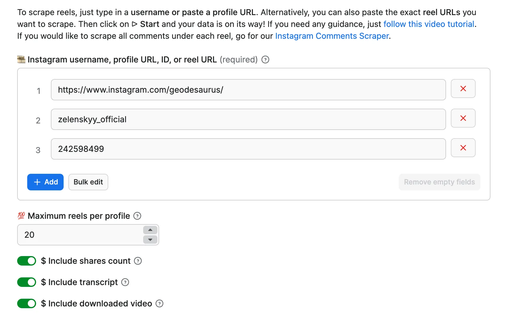 Instagram Reel API input