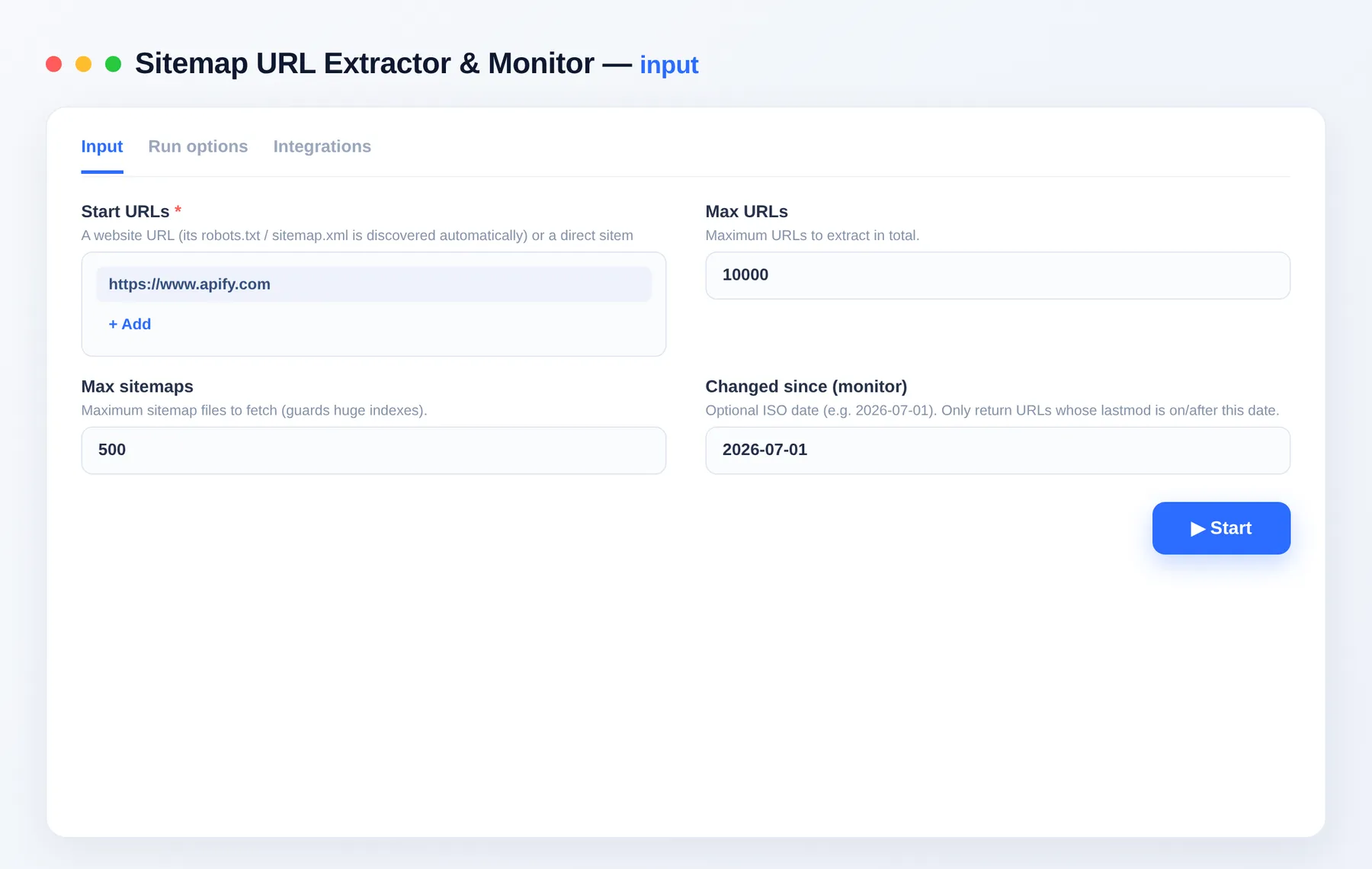 Sitemap URL Extractor input β start URLs, max URLs and changedSince in the Apify Console