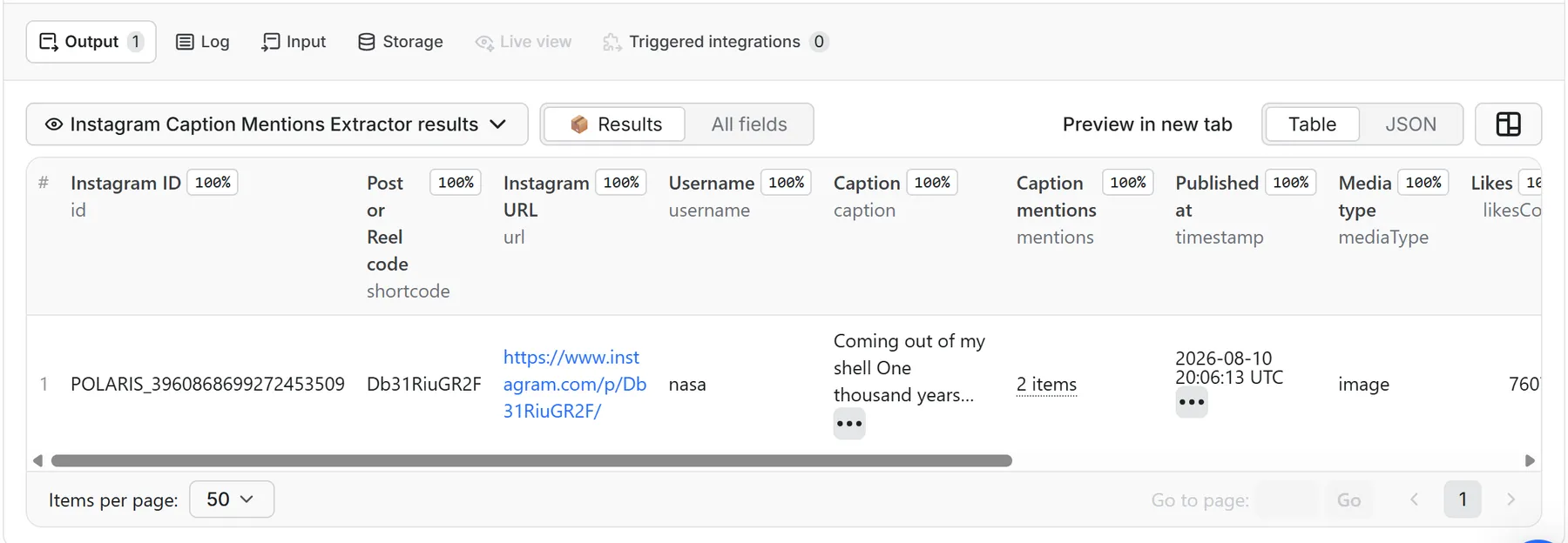 Instagram bio links and profile data in an Apify dataset