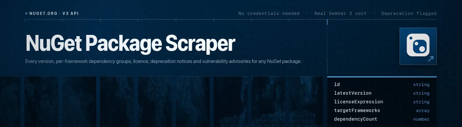 NuGet Package Scraper: Every version, per-framework dependency groups, licence, deprecation notices and vulnerability advisories for any NuGet package