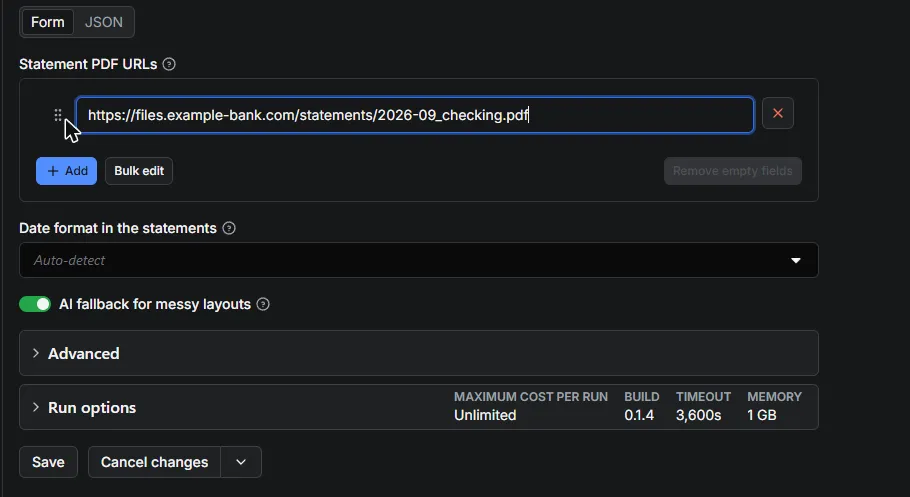 Input form with statement PDF URLs