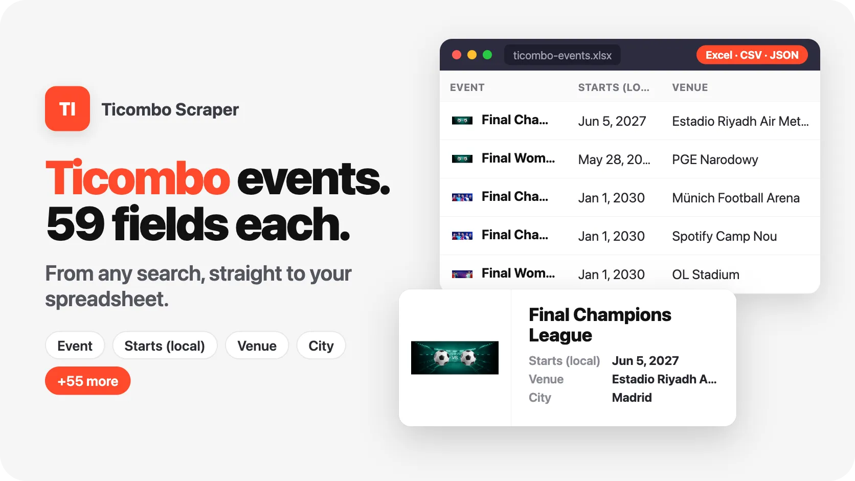Ticombo events, 59 fields each, from any search.