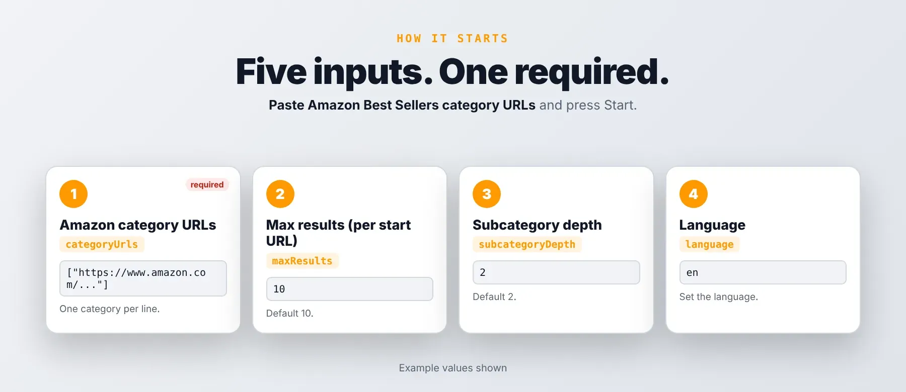 Amazon Best Sellers Scraper input fields