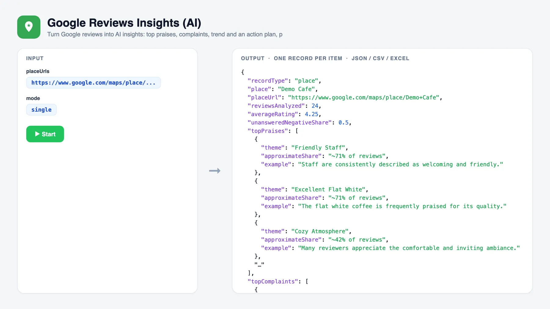 Google Reviews Insights (AI) — input and sample output