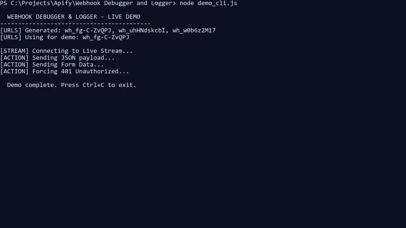 CLI output showing JSON/form submissions and a forced 401 scenario