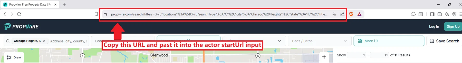 Copy the browser URL into the actor startUrl input