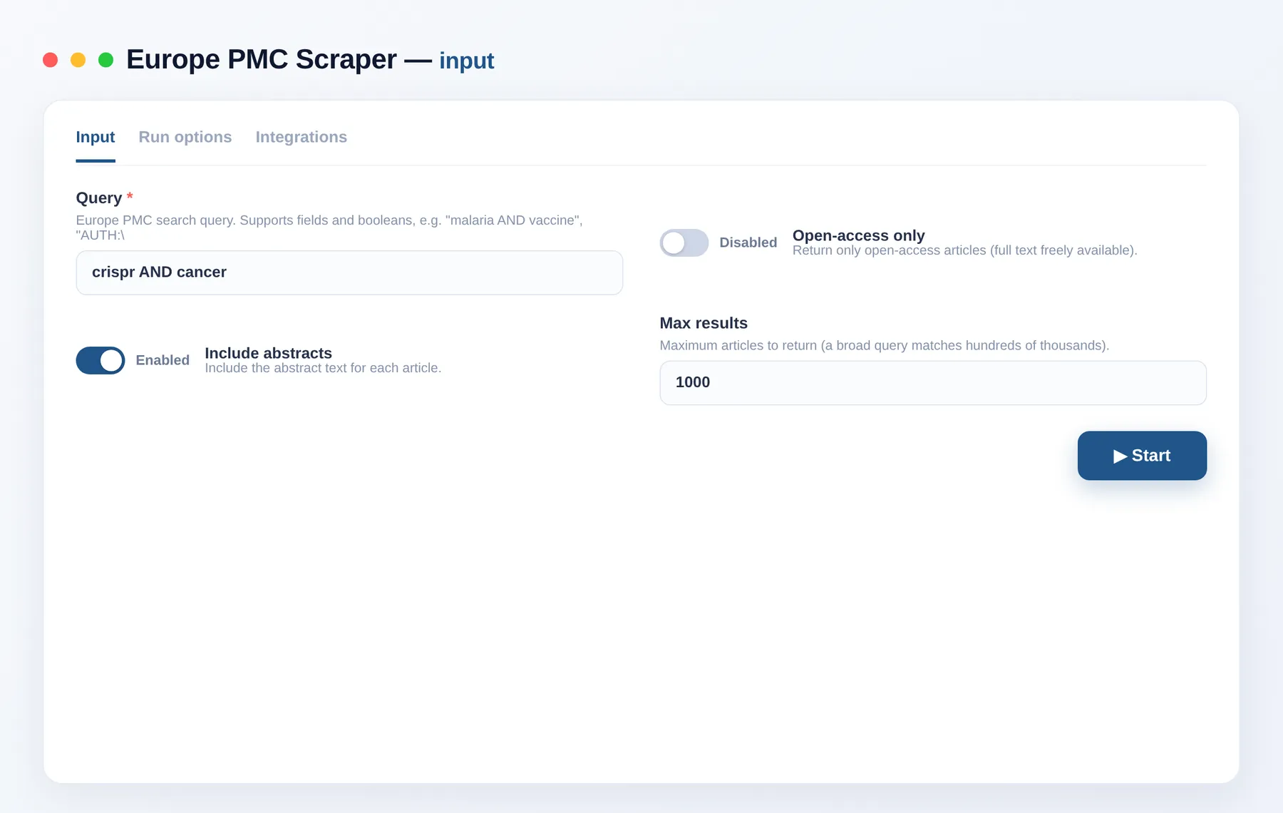 Europe PMC Scraper input — query, open-access filter and result limit in the Apify Console
