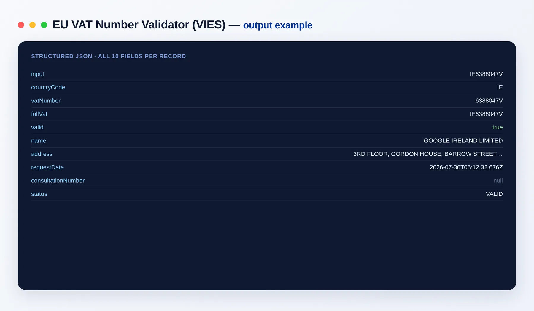 EU VAT Number Validator output example — one structured JSON row per VAT number