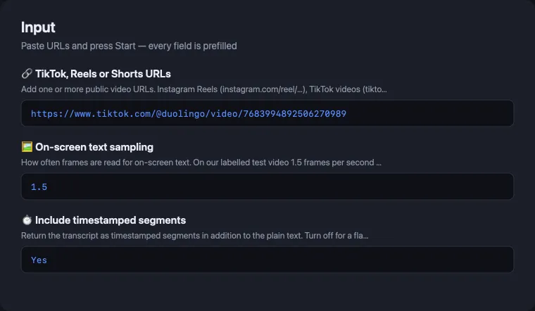 TikTok, Reels and Shorts transcript scraper input form with prefilled video URL