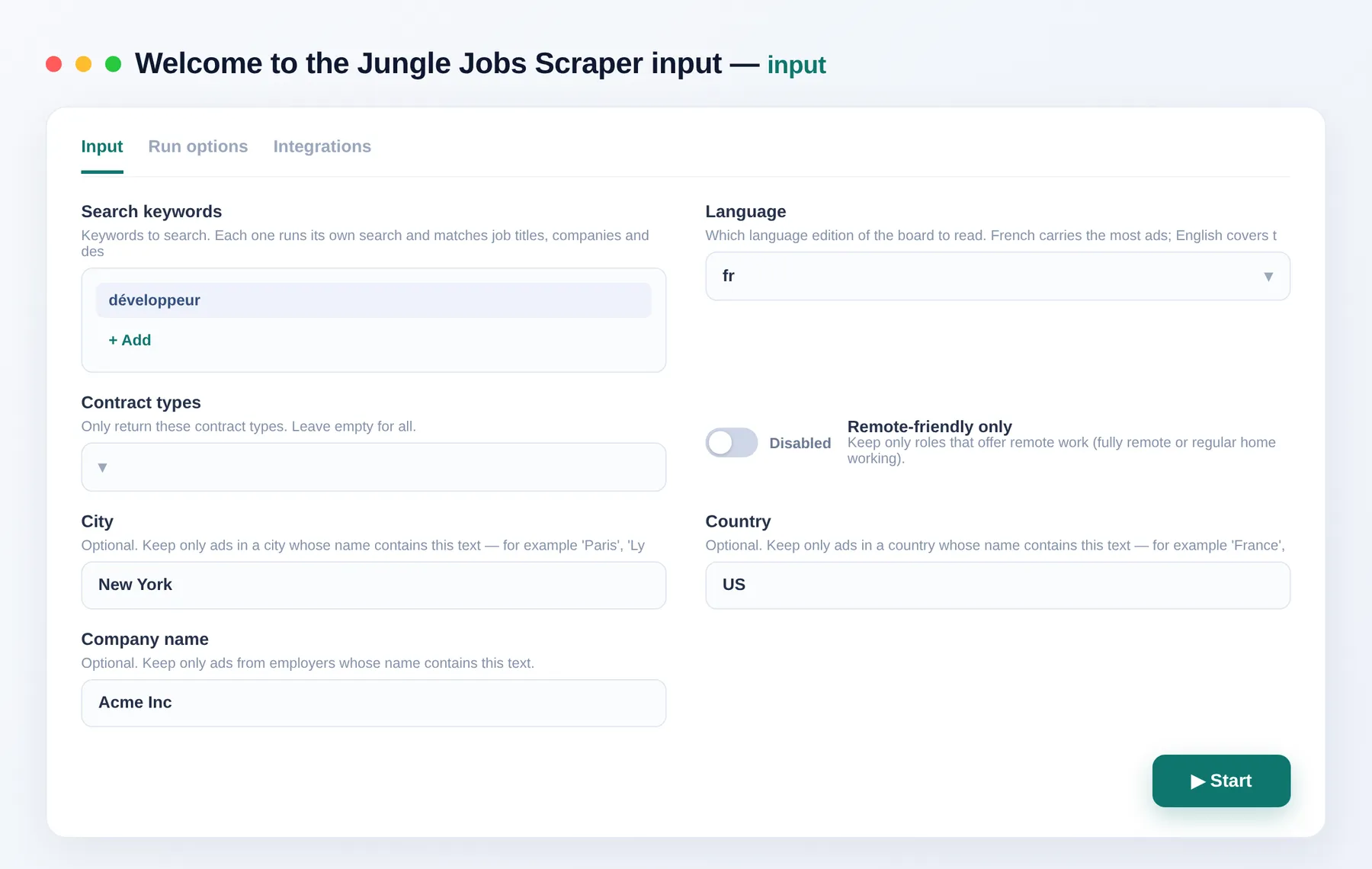 Welcome to the Jungle Scraper input form — search keywords, language, contract type, city, salary and remote filters