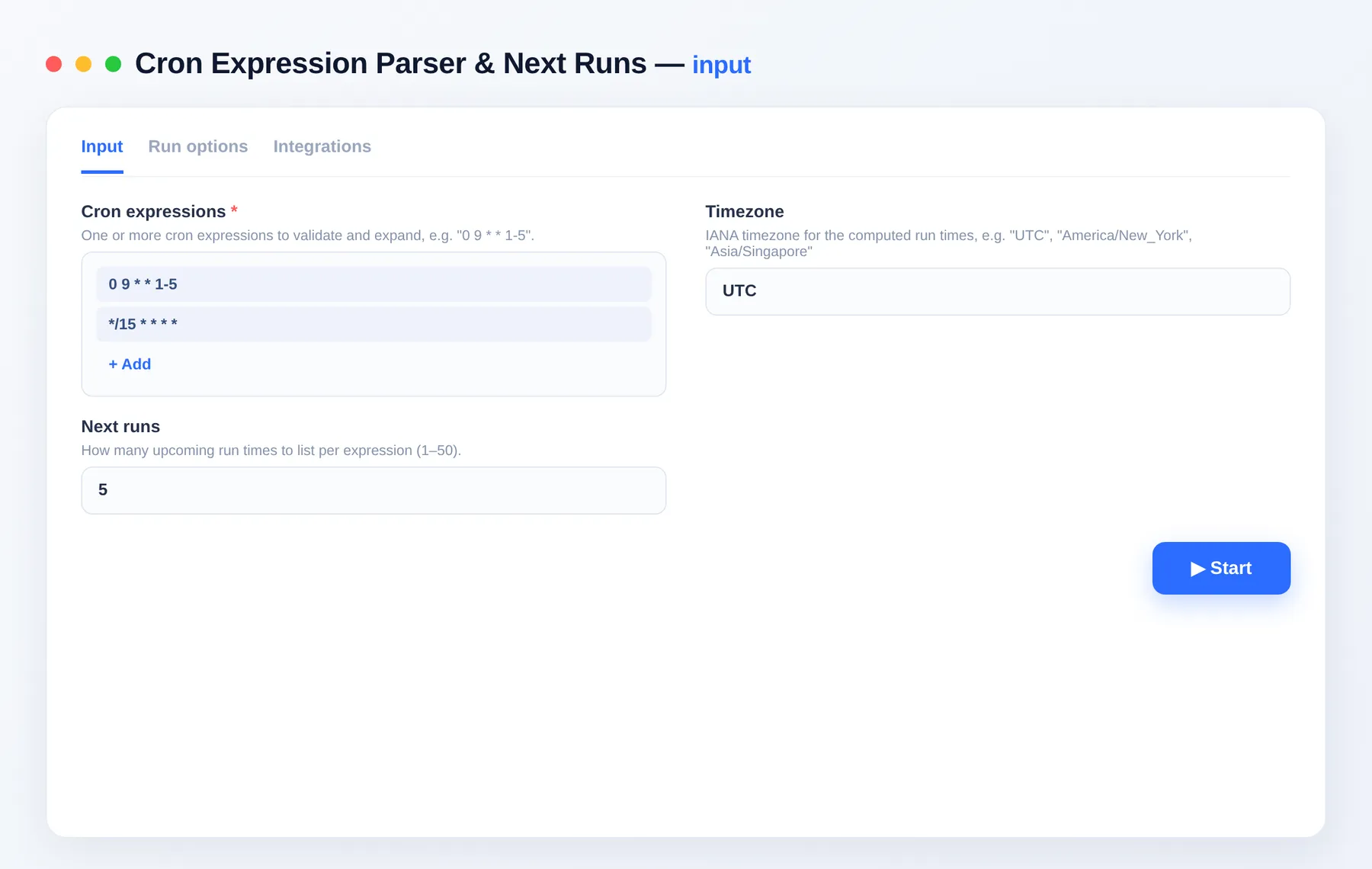 Cron Expression Parser & Next Runs input — configure the options in the Apify Console