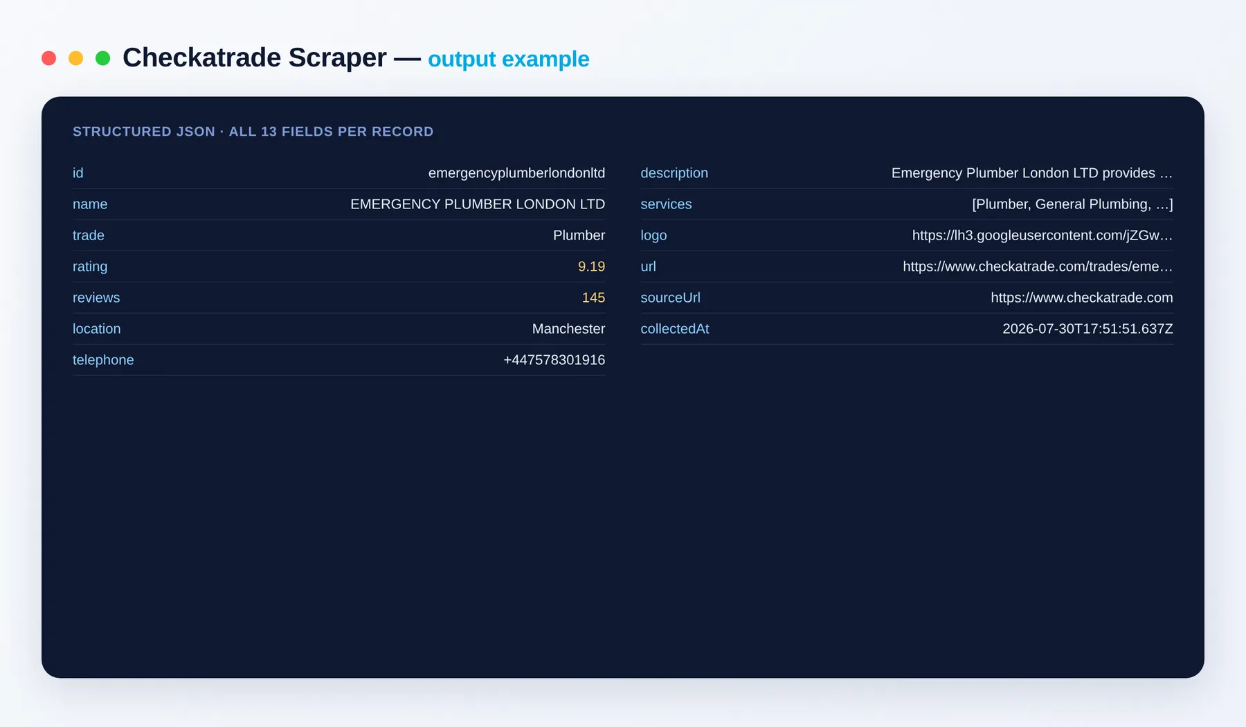 Checkatrade Scraper output example — UK tradespeople with ratings and phone numbers as structured JSON