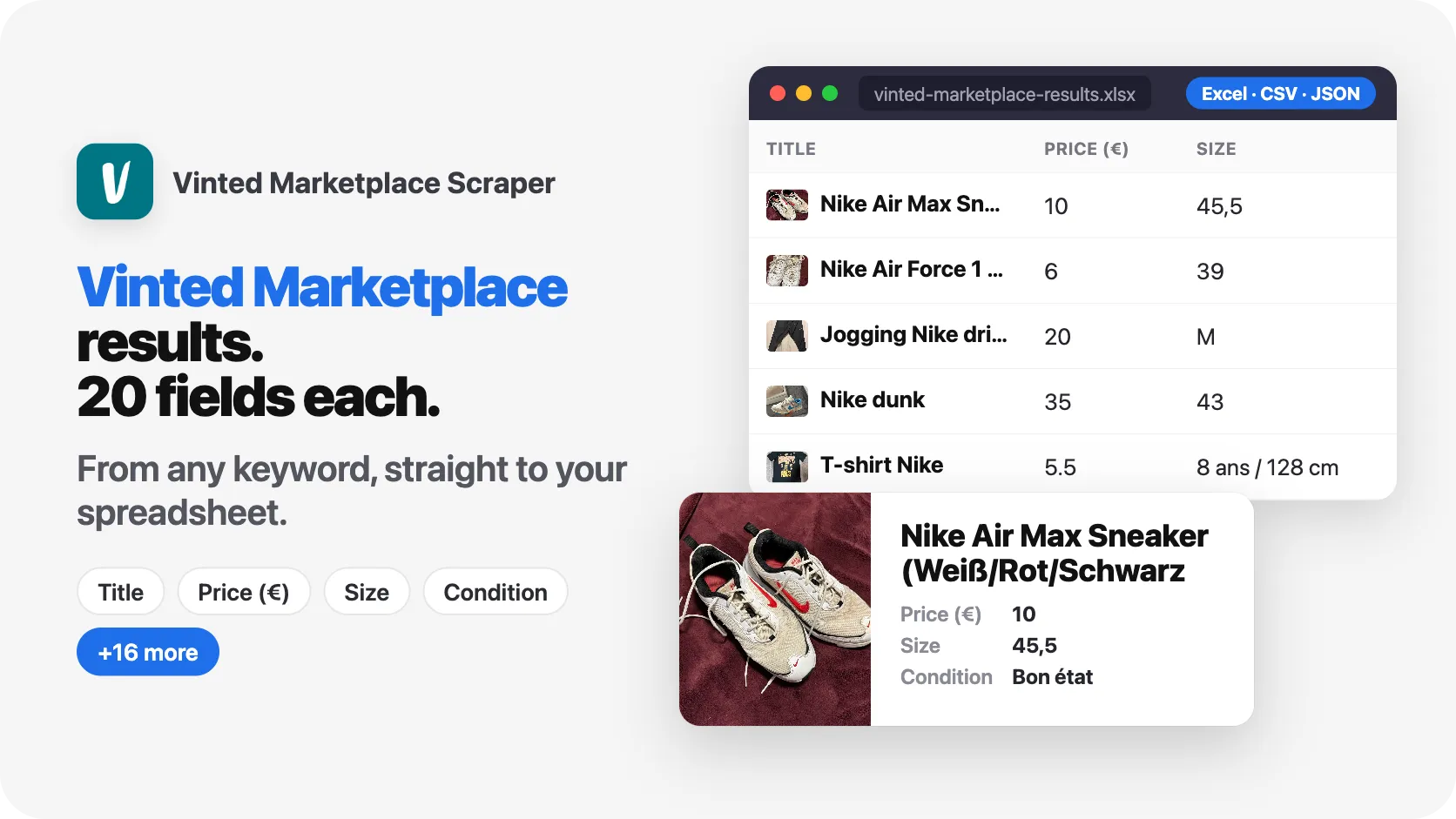 Vinted Marketplace results, 20 fields each, from any keyword.