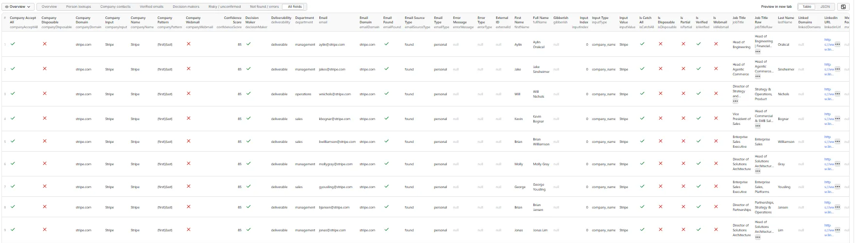 Work Email Finder output — all fields, table view