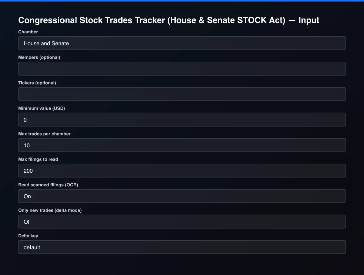 Congressional Stock Trades Tracker (House & Senate STOCK Act) input form