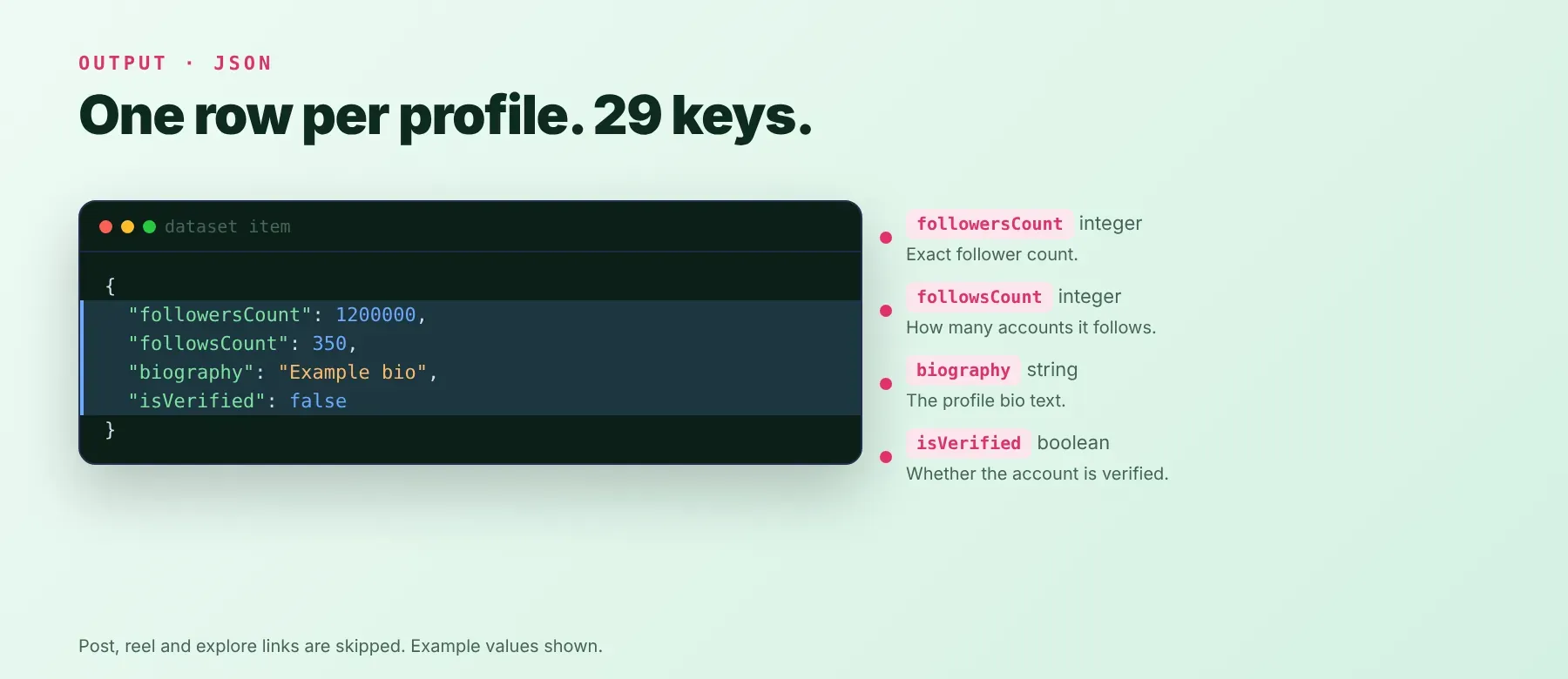 Instagram Followers Count Scraper output: one row per profile with 29 keys