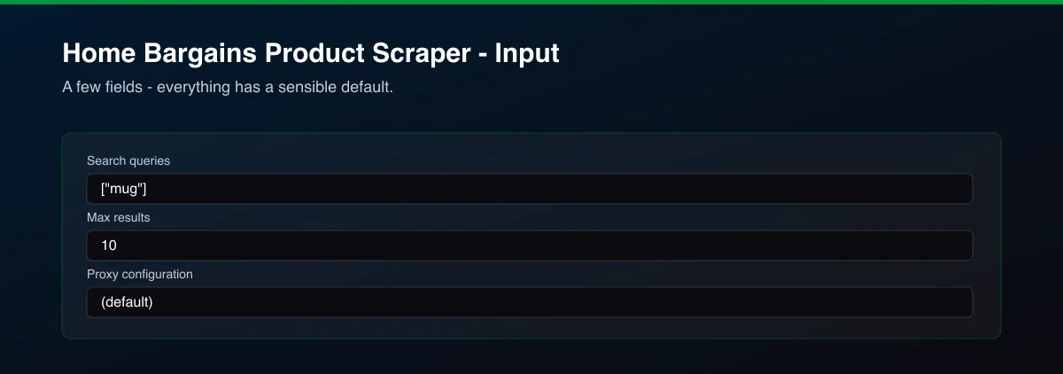 Home Bargains Product Scraper input options