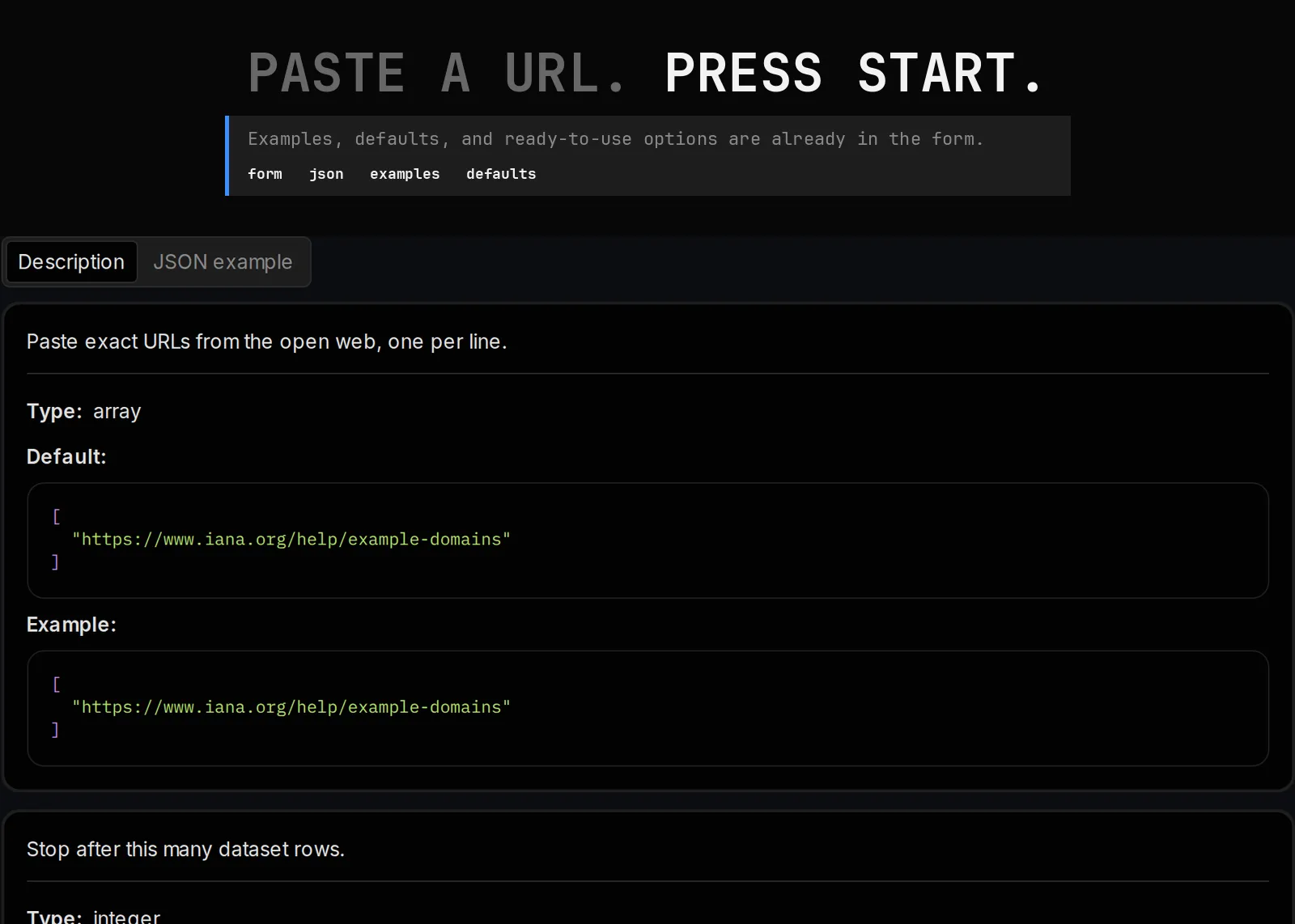 Website Data Scraper published input controls