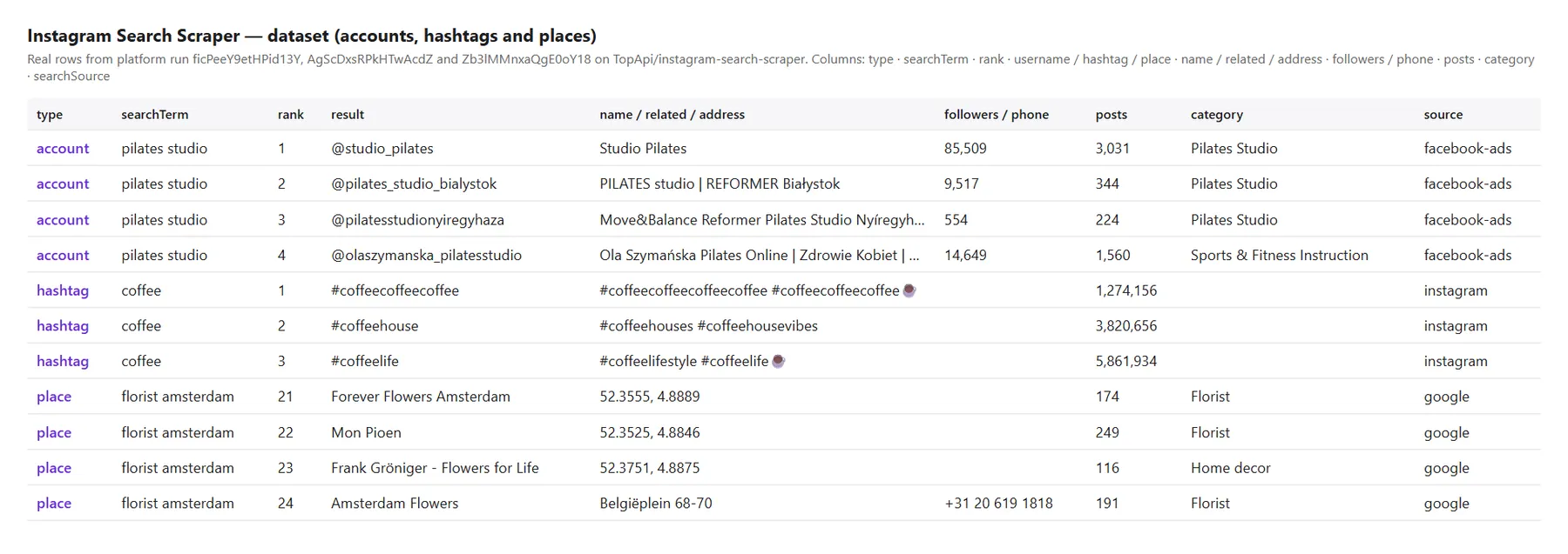 Instagram Search Scraper output table with accounts, hashtags and places
