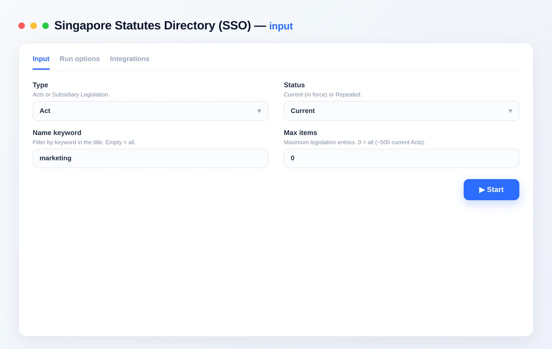 Singapore Statutes Directory input — legislation type, status and keyword filter in the Apify Console