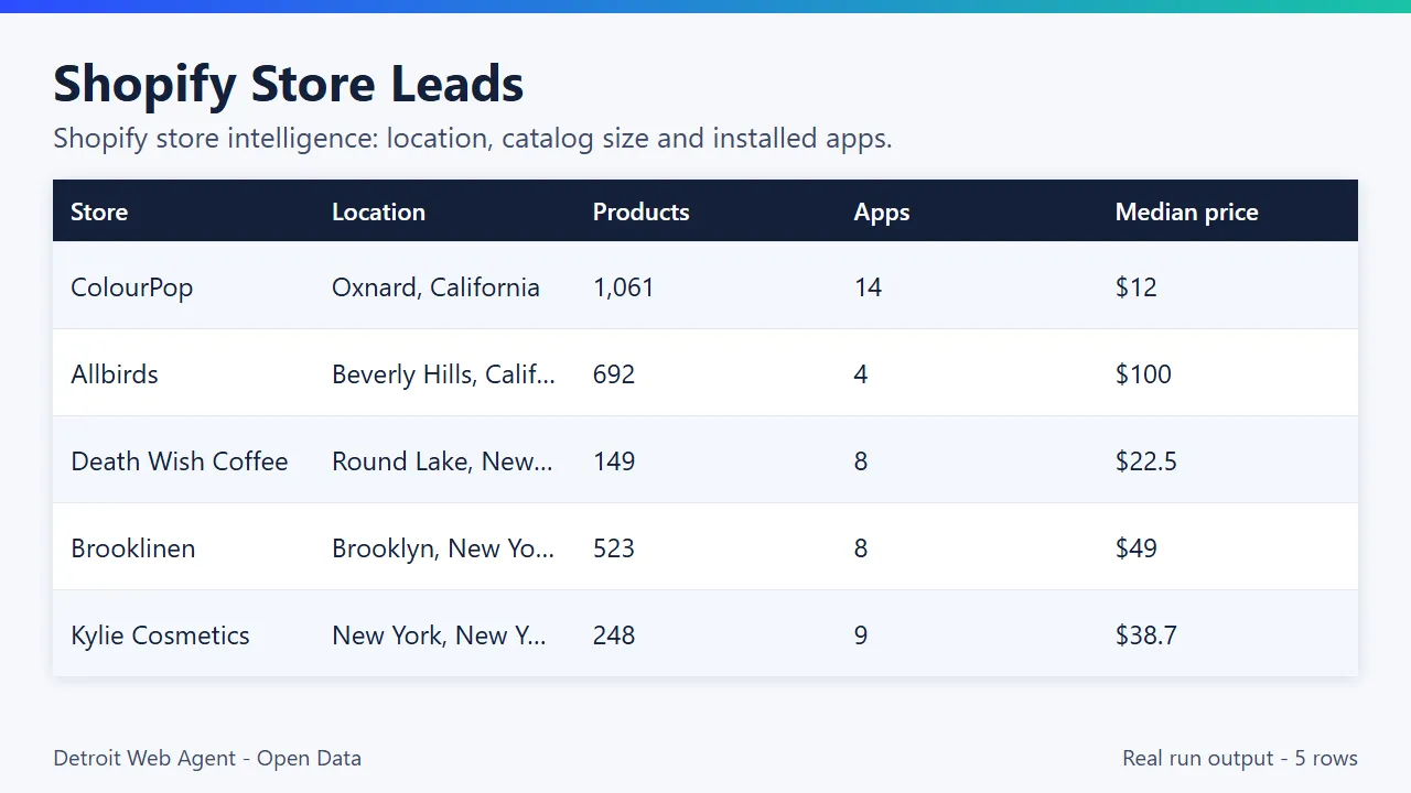 Shopify Store Leads output preview: real run results as a table