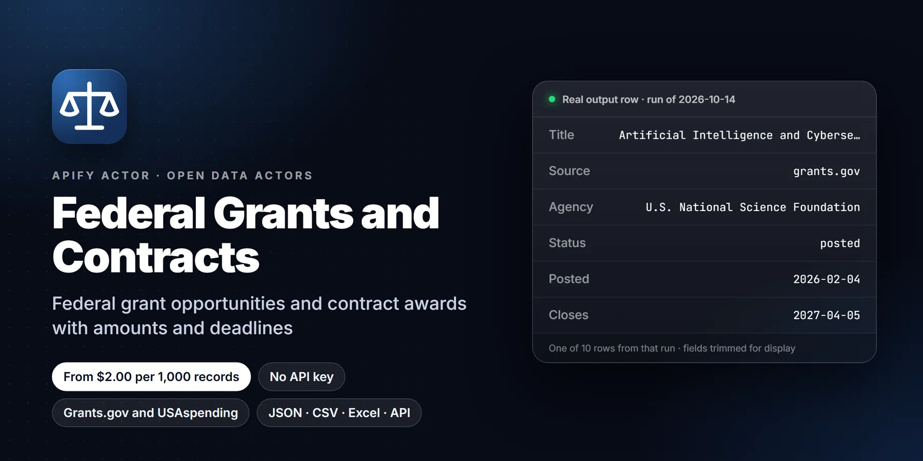 Federal Grants & Contracts Finder: features, price and a real output row