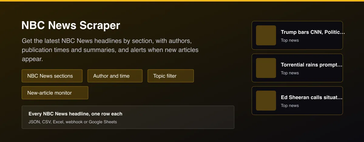 NBC News Scraper - NBC News headlines with section, author, time and summary