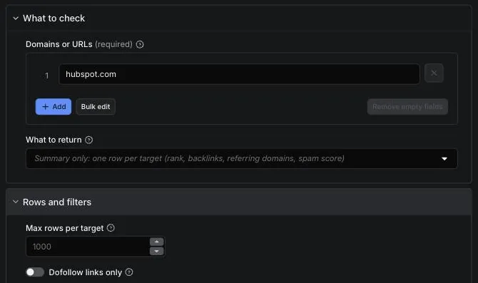 Backlink Checker input form: a list of domains, what to return (summary, backlinks or referring domains), max rows per target and the dofollow, domain rank and spam filters