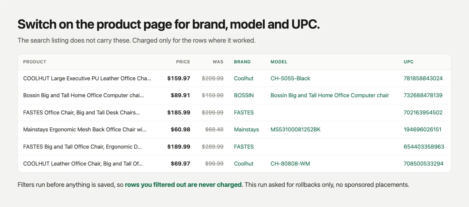 The product page adds brand, model and UPC to each row
