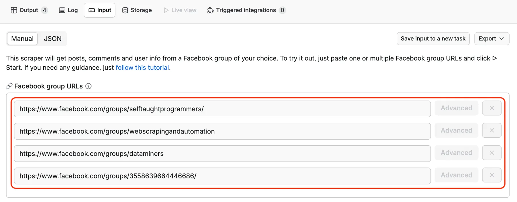 Facebook group scraping input