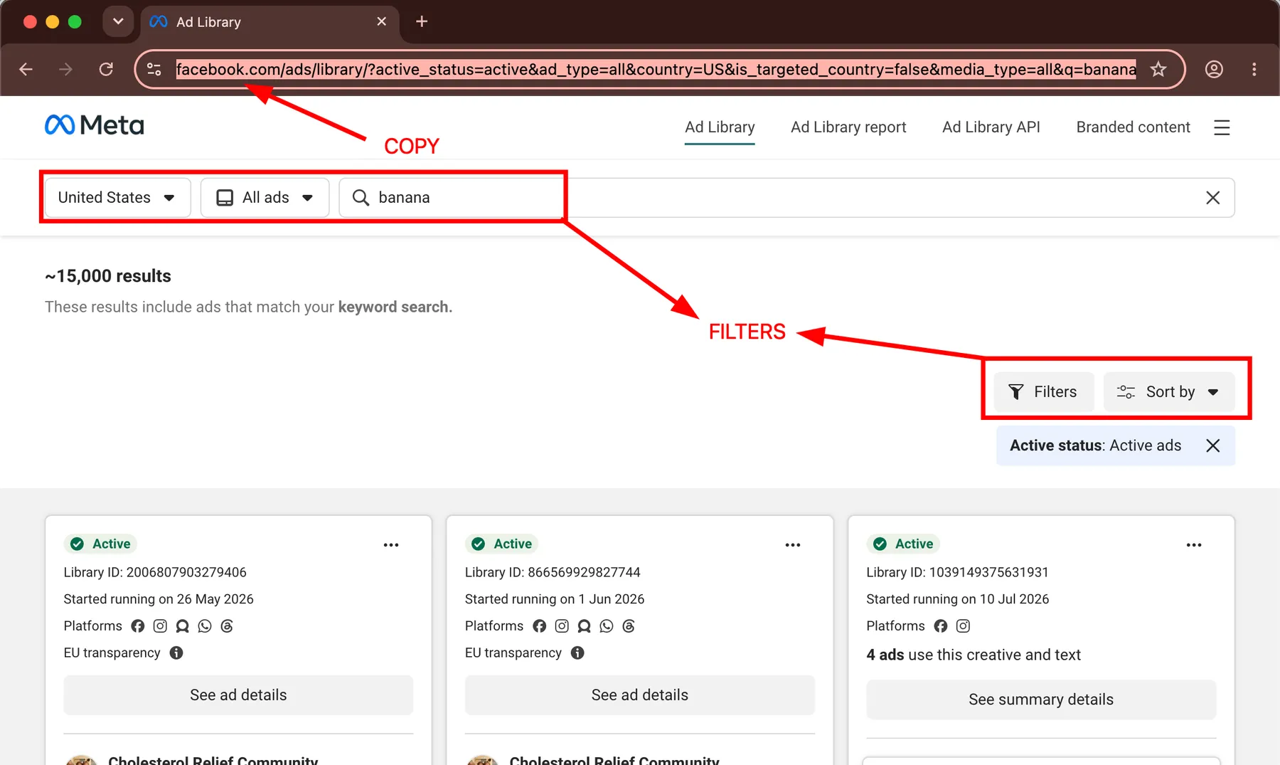 Facebook Ad Library search for the keyword banana, with arrows marking the filters to set and the search URL to copy from the address bar