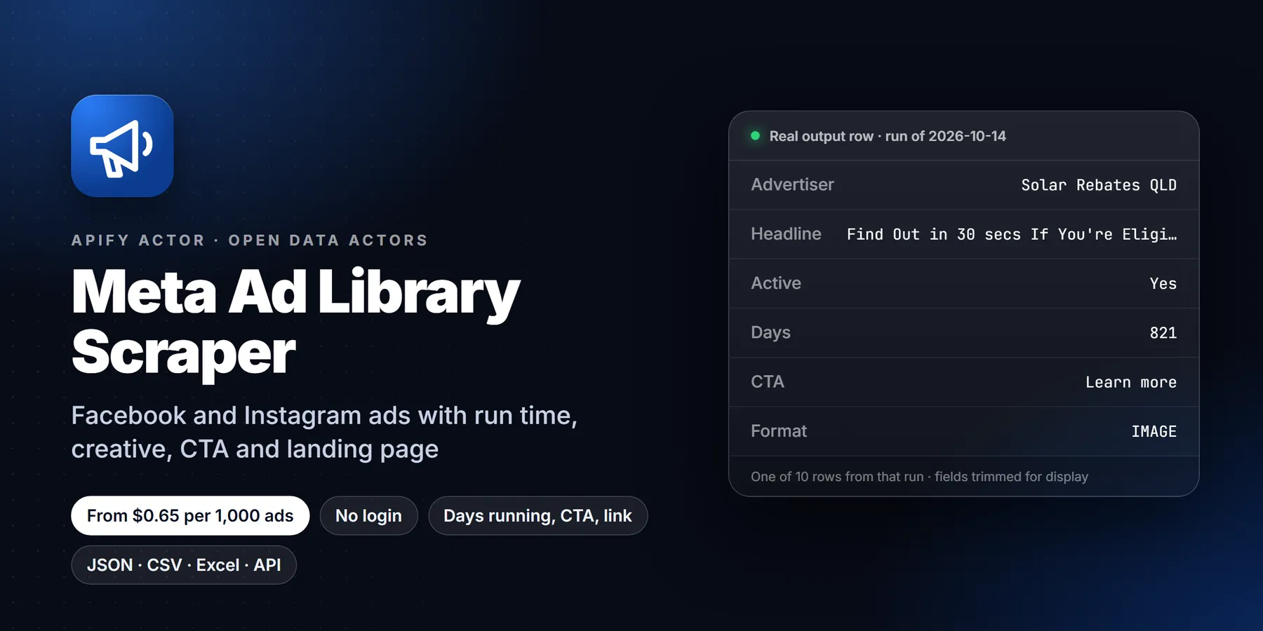Meta Ad Library Scraper: features, price and a real output row