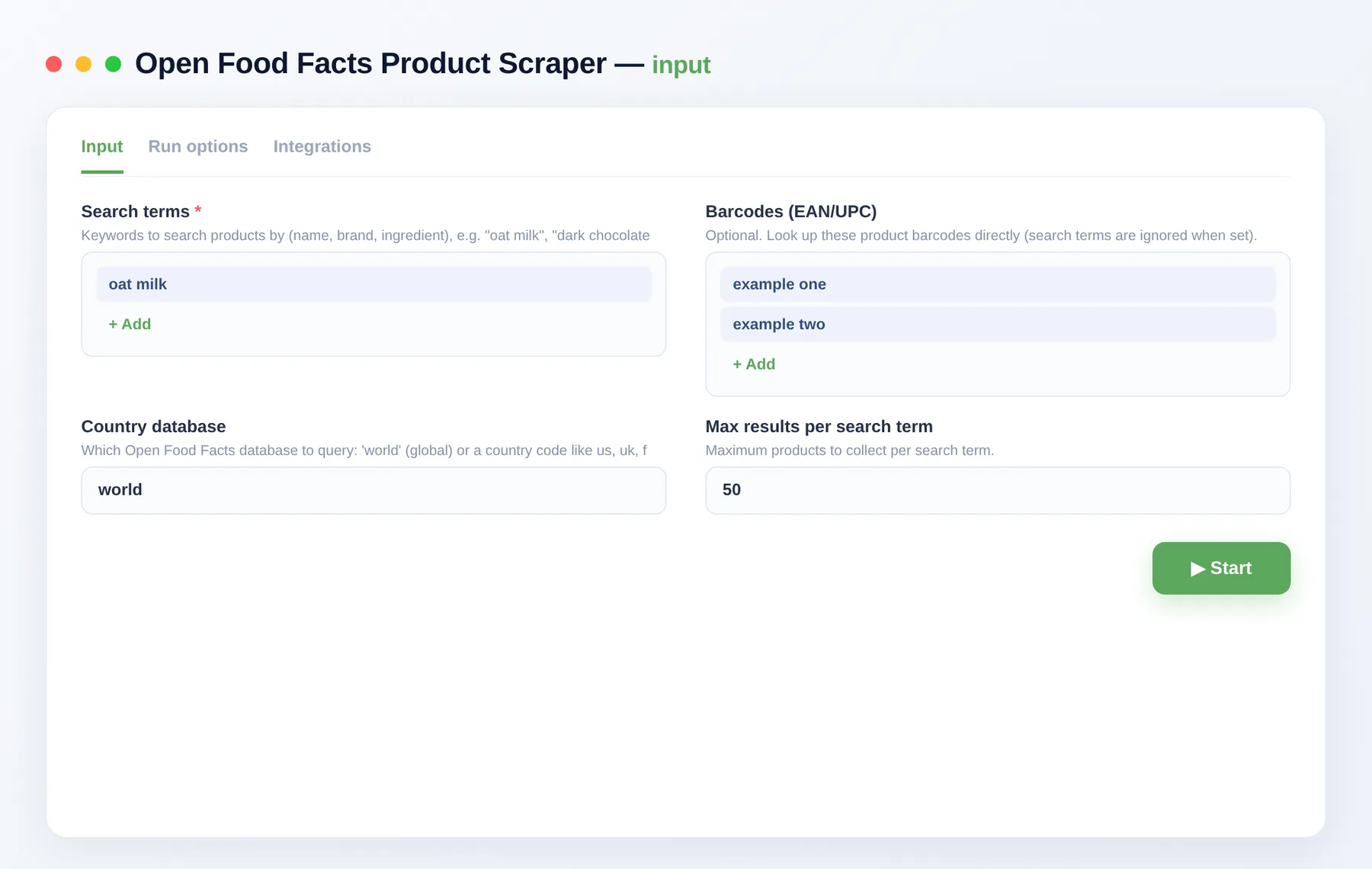 Open Food Facts Scraper input — search terms, barcodes and country database in the Apify Console