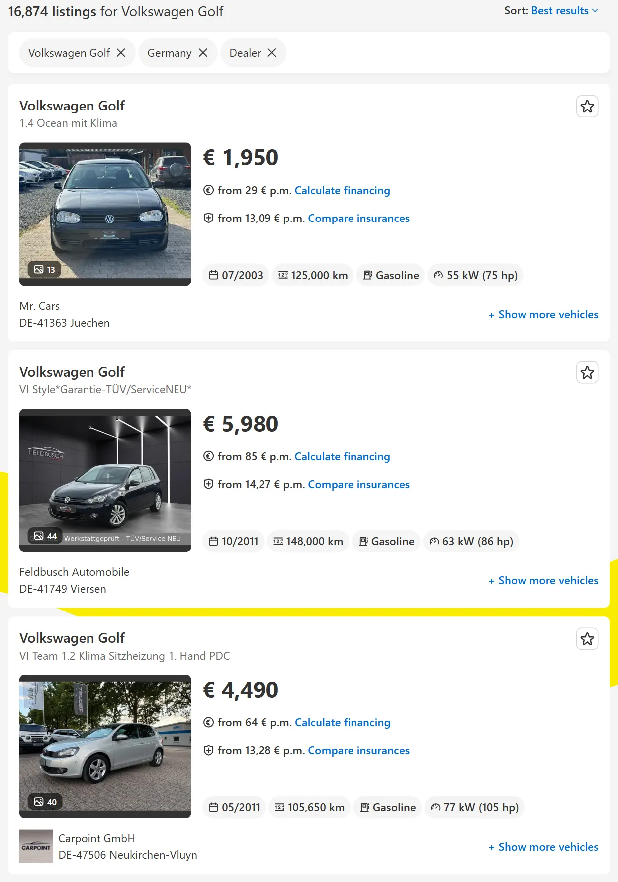 AutoScout24 car listings search page that AutoScout24 Listings Scraper turns into rows
